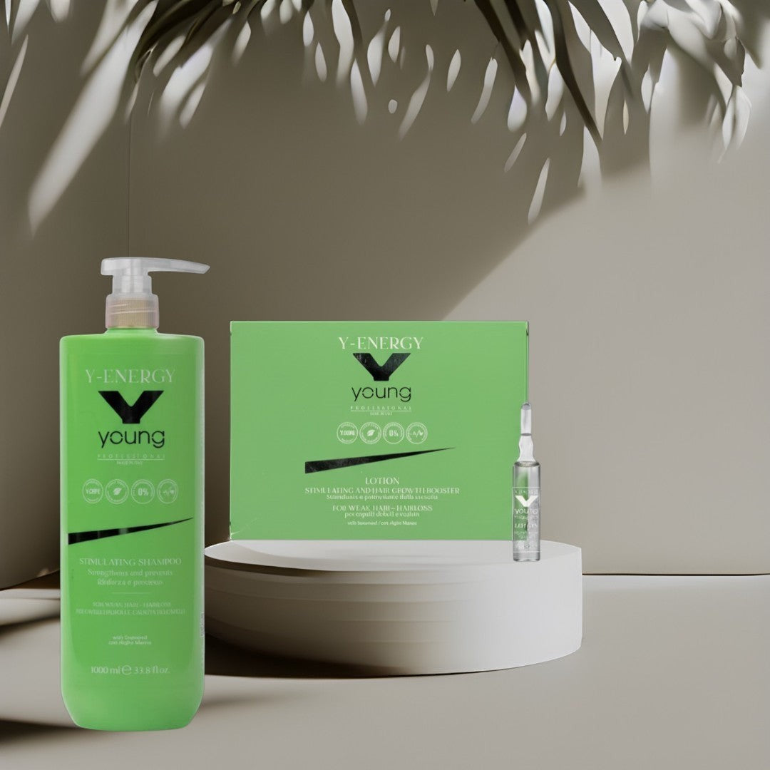 John Hair Y-Energy anti-hair loss set with 1000ml stimulating shampoo and 12 ampoules for weak, thinning hair.