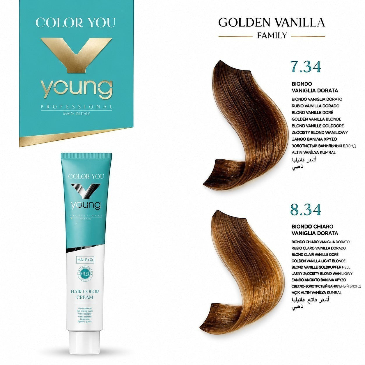 Young Color 7.34 Golden Vanilla oferă culoare uniformă, strălucire intensă și performanță profesională în salon.